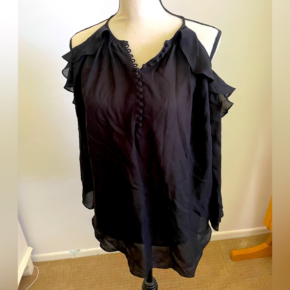 Black Ruffle Cold Shoulder Blouse
